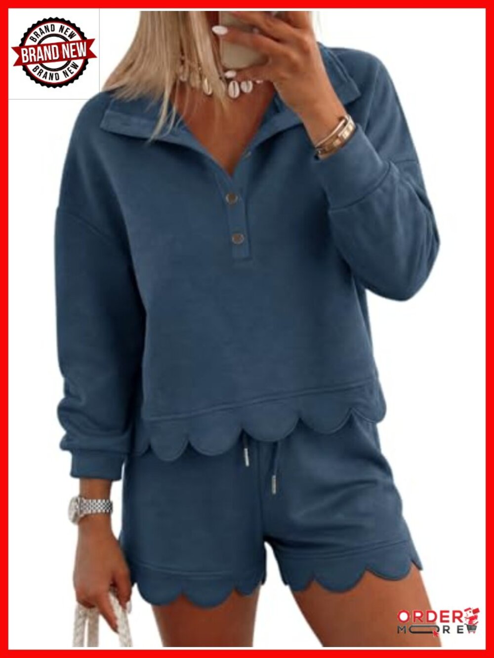 Womens 2 Piece Sweatsuit Set Quarter Button Long Sleeve Top Wide Leg Shorts